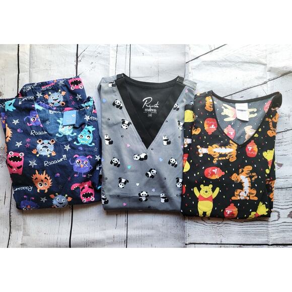 XS nurse scrub Tops winnie the pooh Pandas Monsters short sleeve tops - Picture 1 of 13